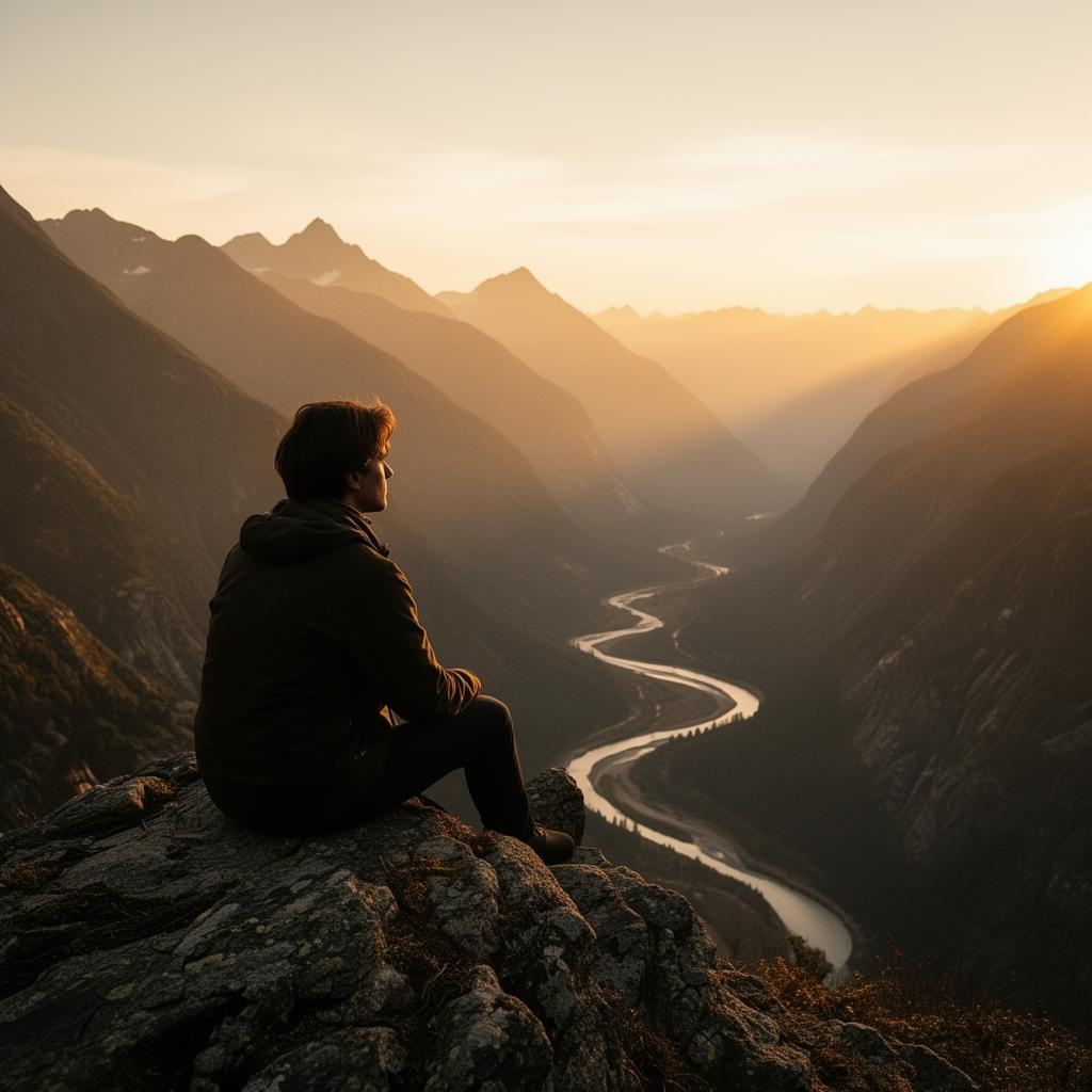 A person contemplating a sunrise over a mountain valley